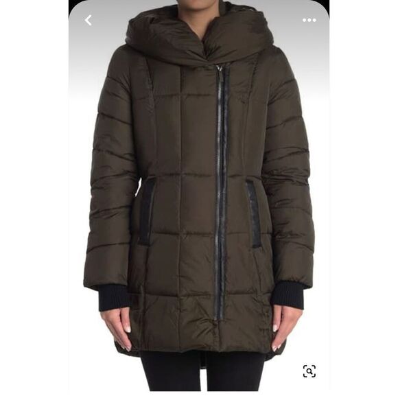 FRENCH CONNECTION QUILTED ASYMMETRICAL HEM HOODED WINTER PUFFER COAT GREEN S - Picture 1 of 7